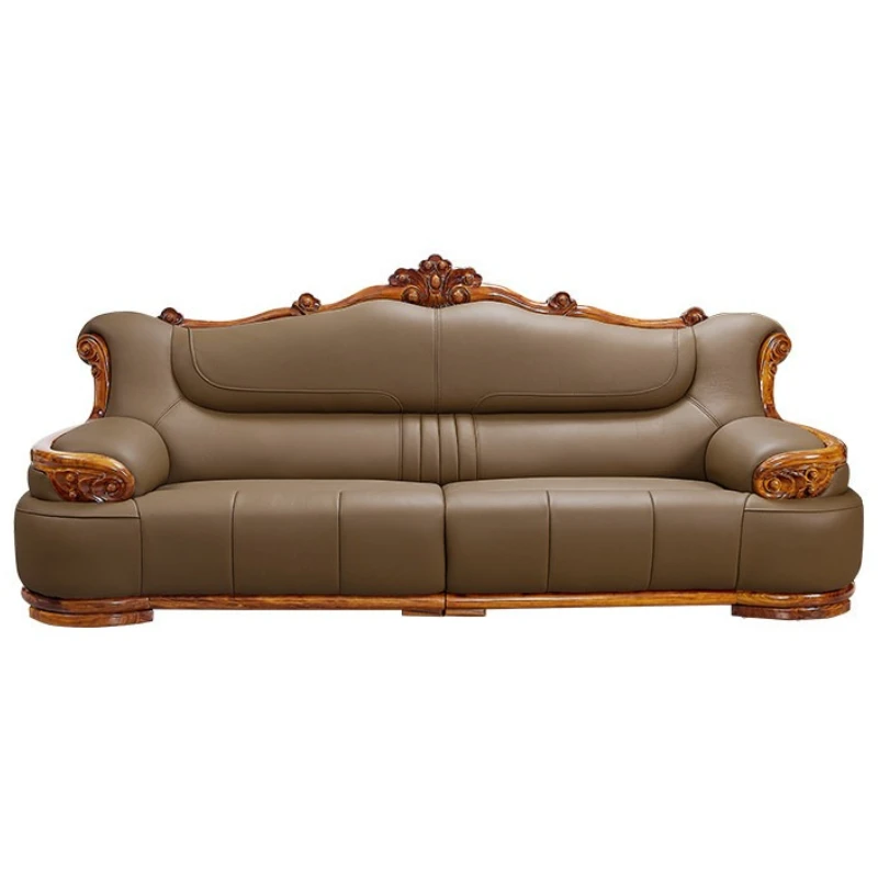 European ebony leather sofa, first layer yellow cowhide, new Chinese solid wood combination