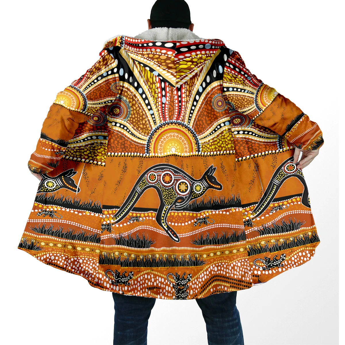 Winter Fashion Men's Cloak Aboriginal Australia Turtle 3D Printed Thick Fleece Hooded Cloak Unisex Casual Warm Cape Coat BB109