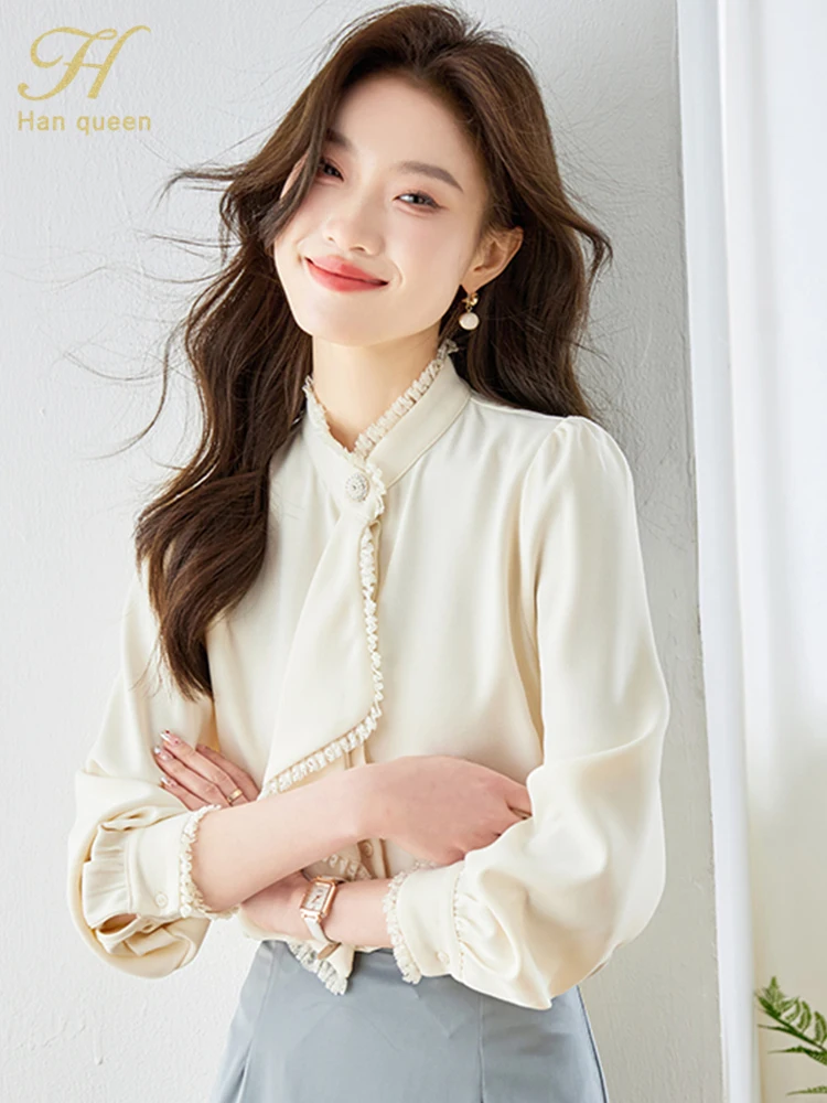 H Han Queen 2024 New Arrival Women\'s Clothing Sales Vintage Work Casual Tops Chiffon Blouses Elegant Ruffles Loose Women Blouse