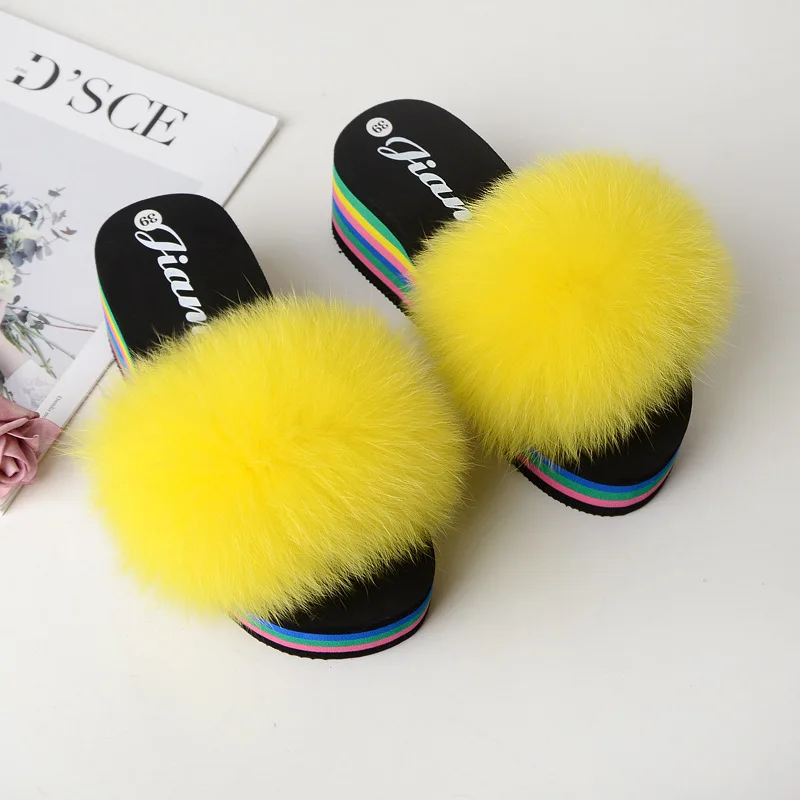 Women Fur Slippers 2024 Summer Open Toe Wedge Heel Slippers Colorful Casual High Heels Shoes for Women Non-slip Platform Sandals