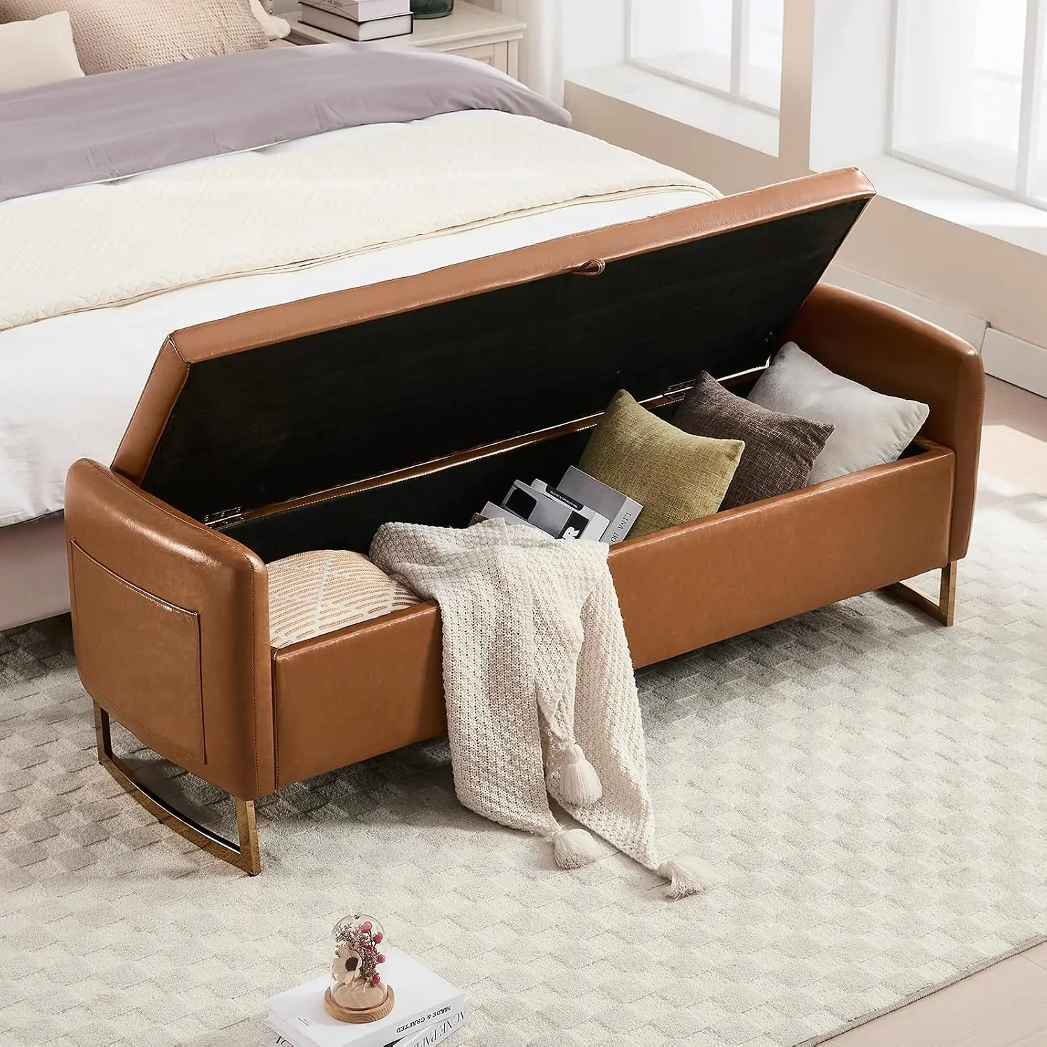 65 Inch Tufted Leather Storage Bench with Gold Legs, Arms, 2 Pillows for Bedroom End of Bed Window, Customized