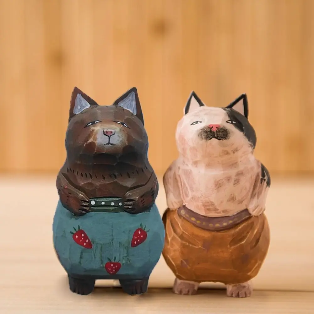 

Cute Wood Carving Cat Ornament Small Simple Style Painted Cartoon Cat Sculpture Handmade Solid Wood