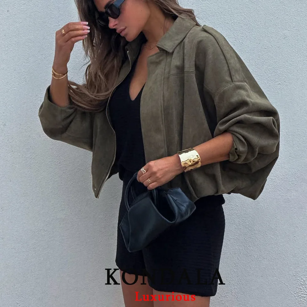 

KONDALA повседневные шикарные зеленые куртки-бомберы женские с длинным рукавом на молнии свободные пальто мода 2025 осень-зима уличная верхняя одежда