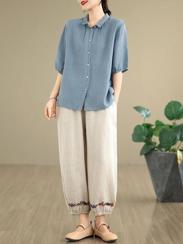 Faionable coton lin ensemble ort Sve boutonné brodé Harlan pantalon ample décontracté deux pièces ensemble âge 25-35 vêtements d'été