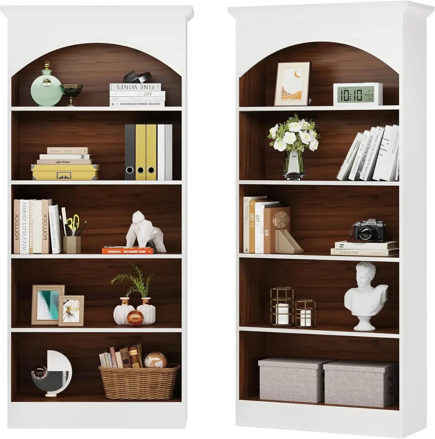 5-Shelf White Bookcase Set of 2, 70.9'' Tall Bookshelf with Storage Shelves, Vintage Free-Standing Library Book Shelving Unit