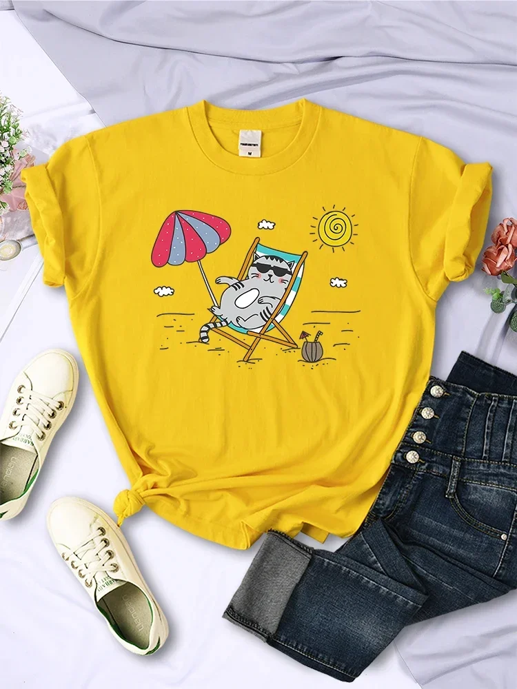 Cat'S Beach Sunbathing Printed Womens T Shirts Street Casual Tops Fashion Summer Breathable Clothing O-Neck Female Short Sleeve