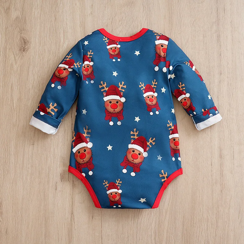 Newborn christmas clothes Navy blue elk print Winter comfort triangle clothing Long sleeves outerwear  for boys and girls