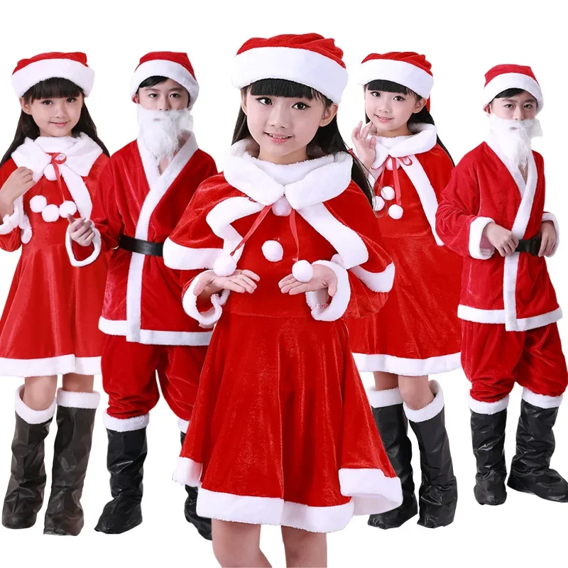 New Sale Boys Girls Red Santa Claus Hat Costume Christmas Party Gift Giver Cosplay Clothes Cape Dress Hats Dress Up