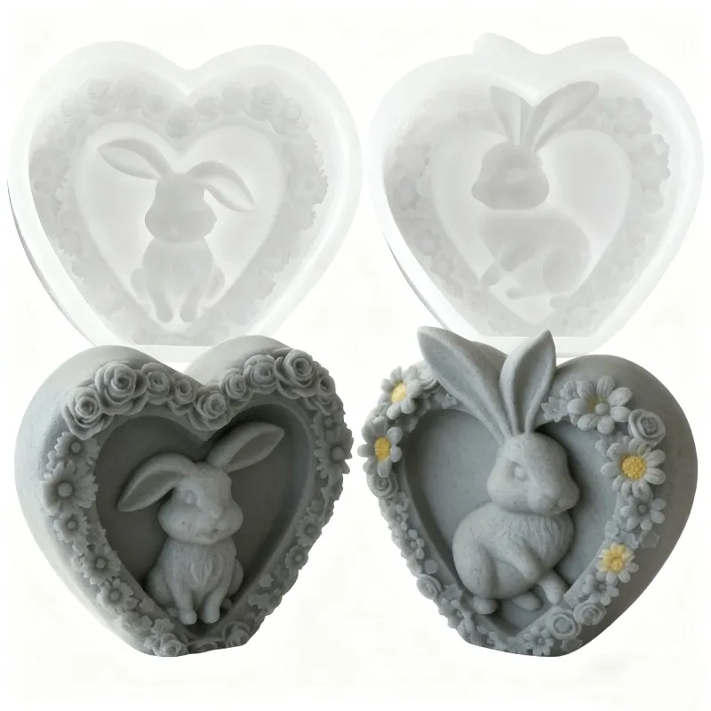 1 Stück Osterhase Silikon-Kerzenform, 3D Geprägte Herz-Blumen-Hasen-Handwerksform für Gips, Harz & Seife, Wohndekor-Geschenke