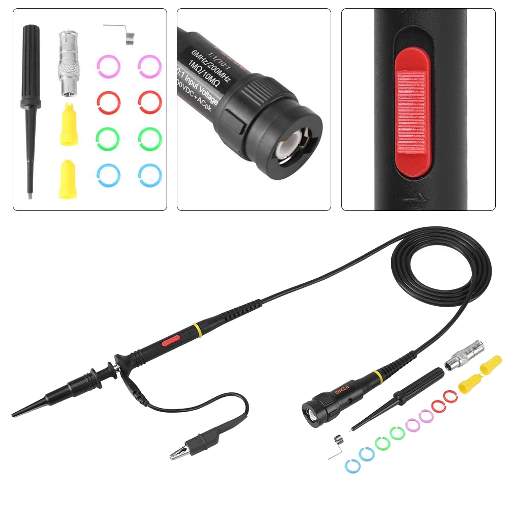 A83Z 200Mhz Oscilloscope Probe Clip Scope Test BNC End Probe P2200 10X/1X Black with Adjust Tool Kits