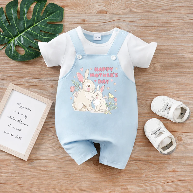 بدلة صيفية للأطفال حديثي الولادة مكونة من 3 ألوان مكونة من قطعتين مطبوعة على شكل أرنب لعيد الأم وأكمام قصيرة ورقبة مستديرة