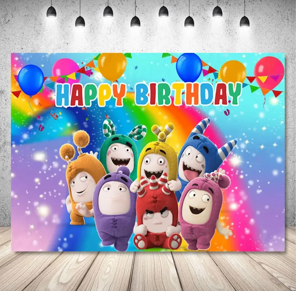 

Cartoon Odd&bods Kids Birthday Party Background Custom Decorate Banner Rainbow Balloon Flag Baby Shower Photography Studio Props