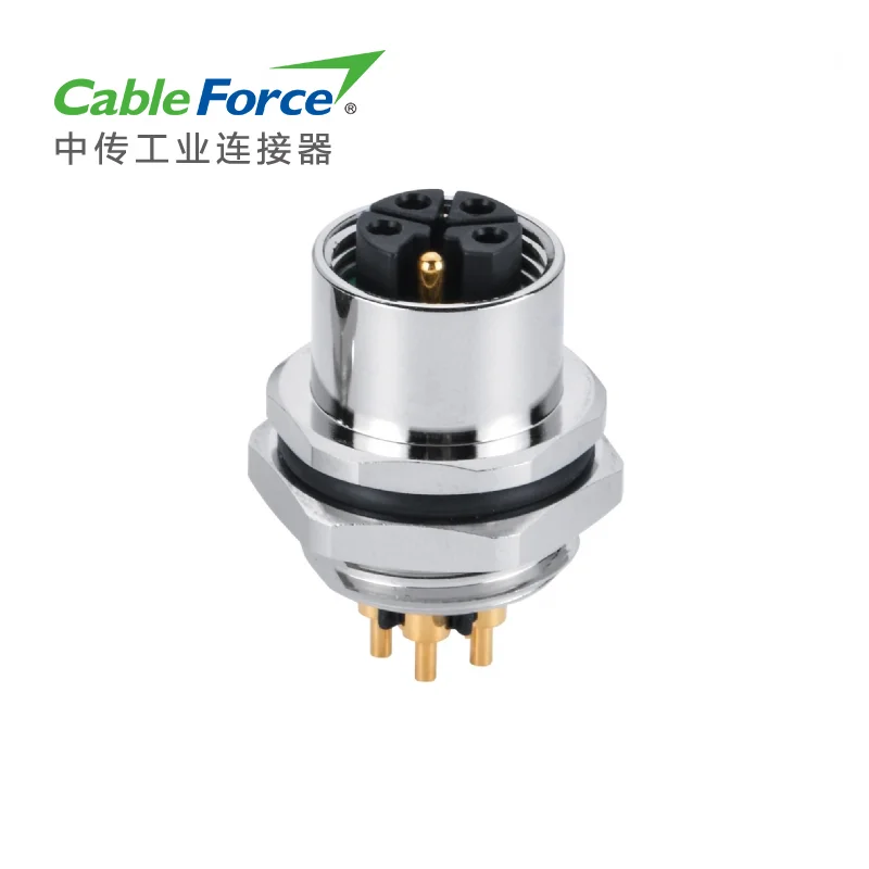 M12 L Code Female 16A DC Power Panel Connector Rear Side Fastening with PCB Contacts M16x1.5 Chassis Side Thread