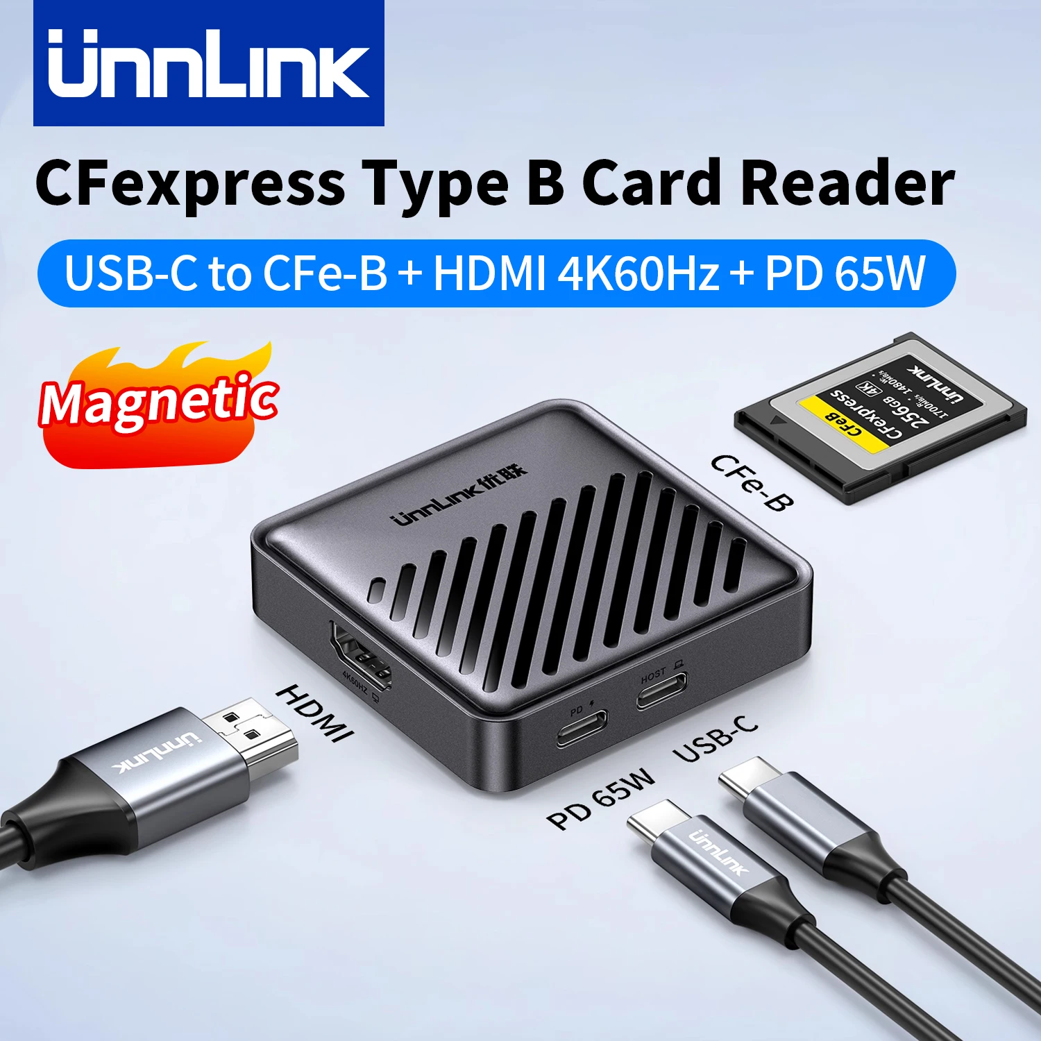 Unnlink CFexpress Type B Card Reader with USB 3.2 (Gen 2) 10Gbps, Magnetic USB C Dock with 4K60Hz HDMI, 65W PD 3.0