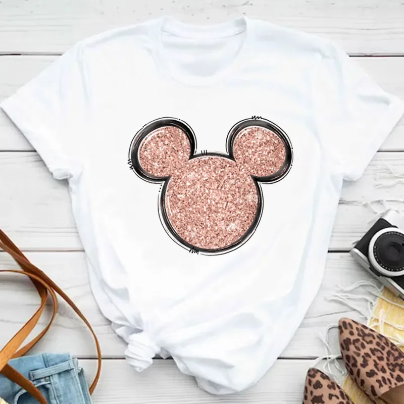 New T-shirts for Women Fashion Heart Minnie Print Unisex T Shirt Y2K Streetwear Clothes Kawaii Mouse Head T Shirt Female Tops