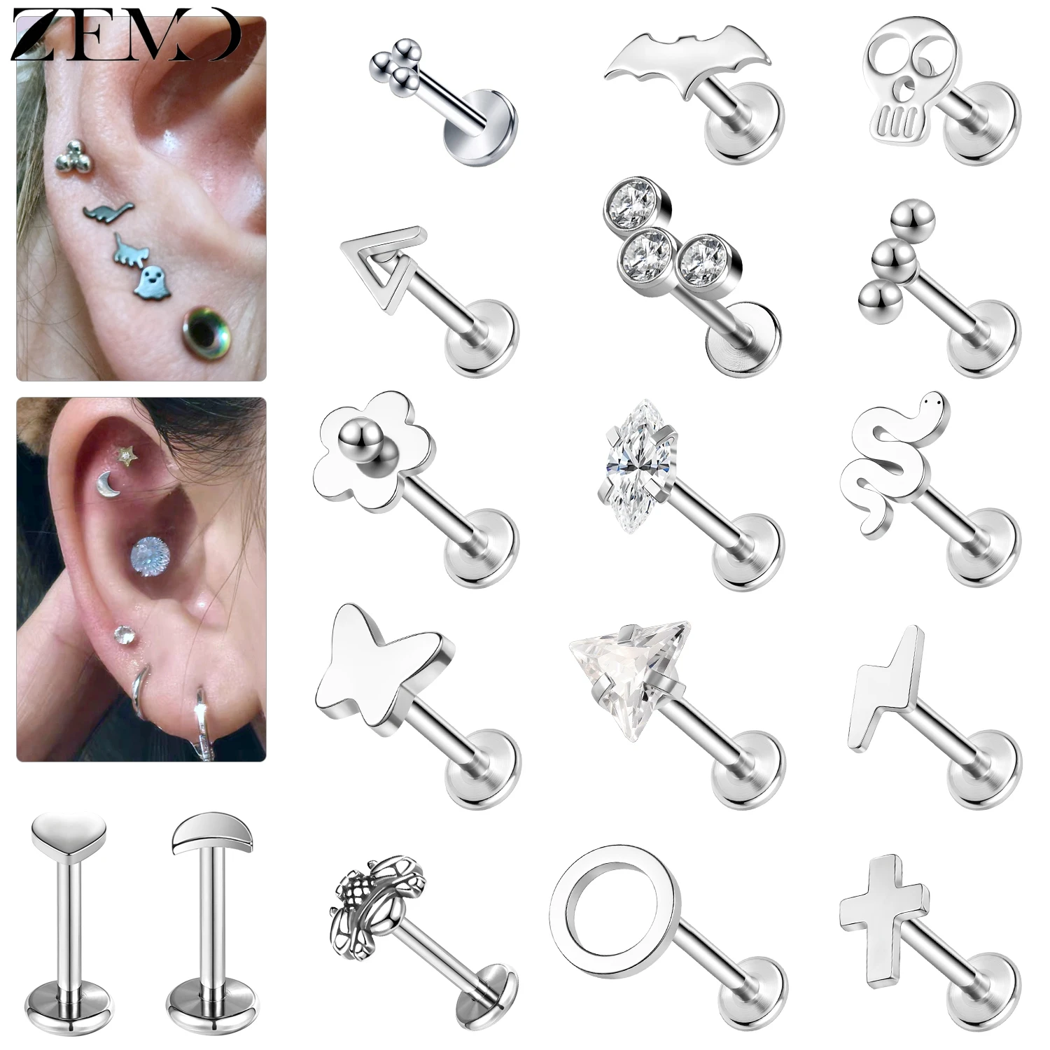 ZEMO 1 PC 16G Stainless Steel Lip Studs Unisex CZ Crystal Labret Lip Piercing Bat Skull Ear Helix Conch Lobe Piercings 6/8/10MM