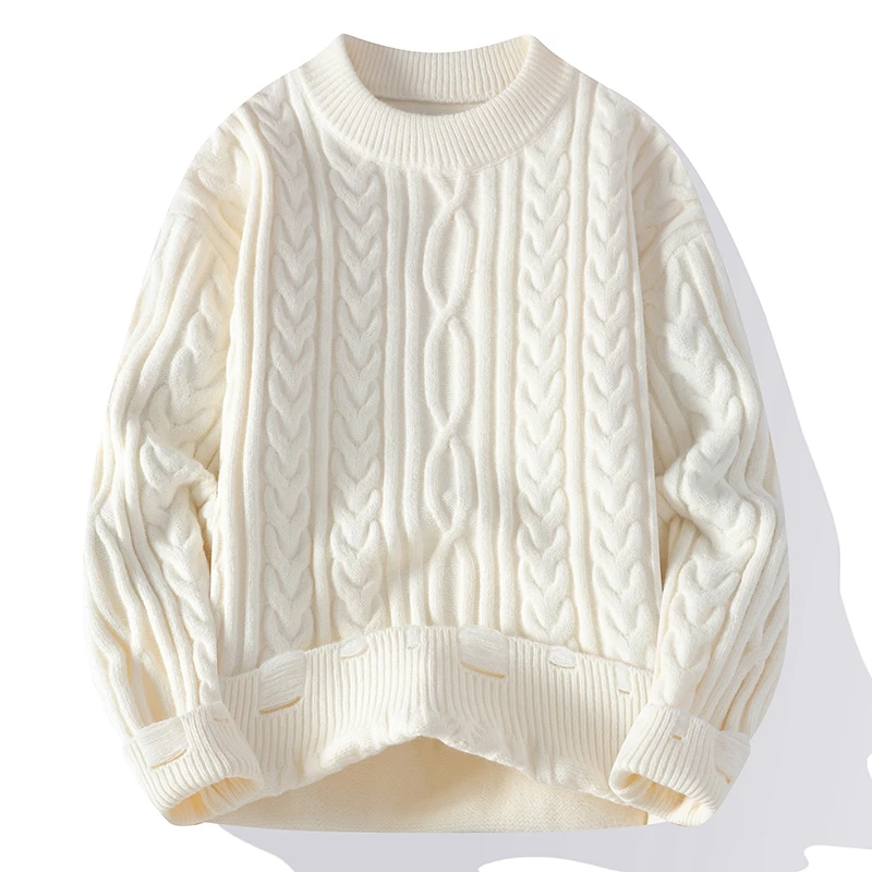 

Autumn Winter O-Neck Sweater Men Solid Color Hole Fashion Knitted Pullovers Mens Youthful Vitality Casual Loose Knit Sweaters