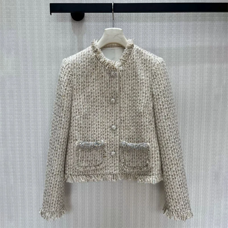 2026 Women Autumn Winter Y2K Beaded Fringe Sequin Tweed Knit Jacket Slim Fit Cropped Fashion Luxury Elegant Short Outerwear