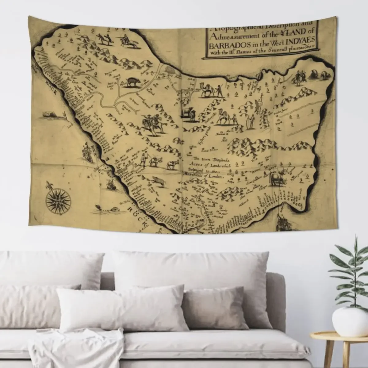 Vintage Barbados Pictorial Map (1657) Tapestry Decoration For Rooms Christmas Decoration Tapestry