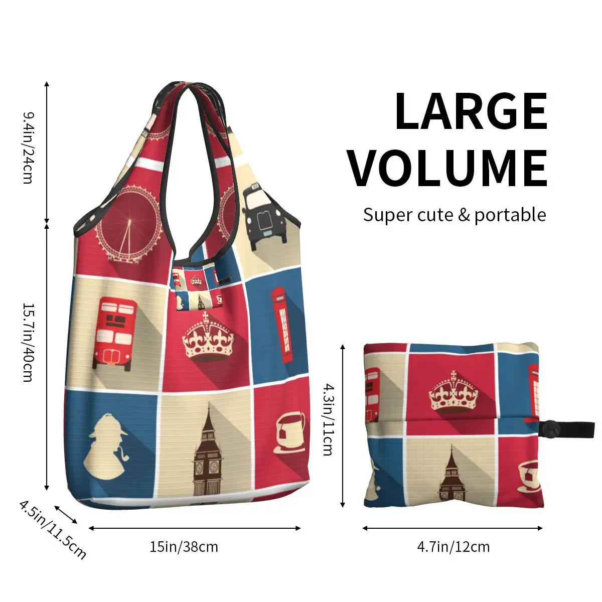 Custom Fashion Vintage UK London Symbol Shopping Tote Bag Portable British Flag Red Bus Groceries Shopper Shoulder Bag