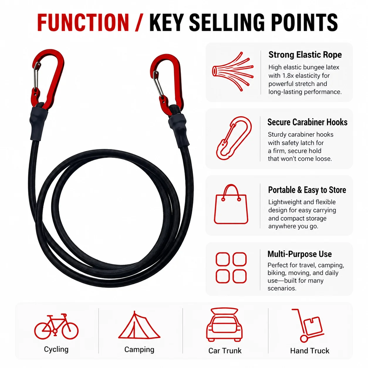 PINMOAP 1PC Portable Luggage Strap With Hook Packing Cord Elastic Bungee Rope For Travel Suitcase Cargo Camping Outdoor Storage