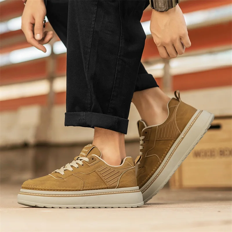 

New High-quality Comfortable Anti-slip Lace-up Leather All-season Sneakers for Men with A Round Toe Solid Color Flat Top Low Top