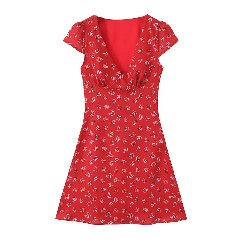 2025 Sexy Red Floral Print Ruched Chest Deep V neck Short Sleeve Mini Dress Woman Tie Bow Sashes A-lined Dresses Femme Vestidos
