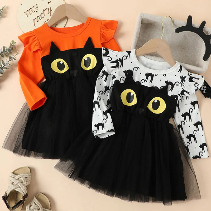 

Платье для девочек на Хэллоуин, сетчатое платье-пачка, осенний детский костюм с длинными рукавами для девочек, детская одежда с кошачьим принтом, платье принцессы для малышей A1266