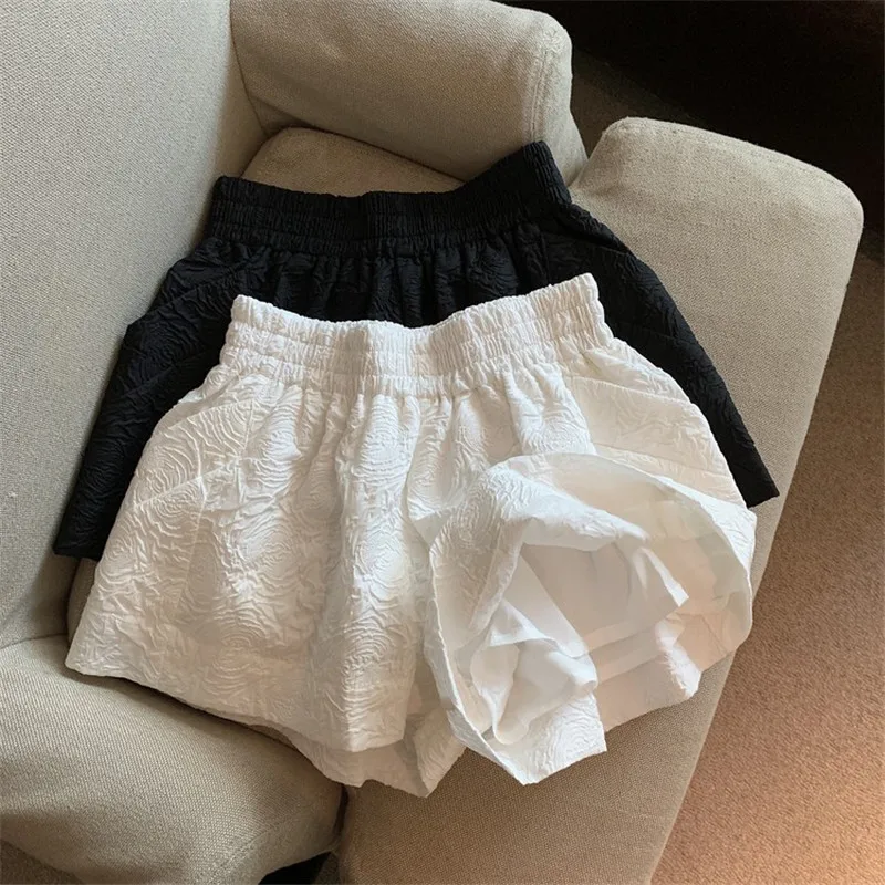 Elastic High Waist White Jacquard Shorts Women Loose Black Shorts Summer Streetwear Pockets Wide Leg Shorts For Women