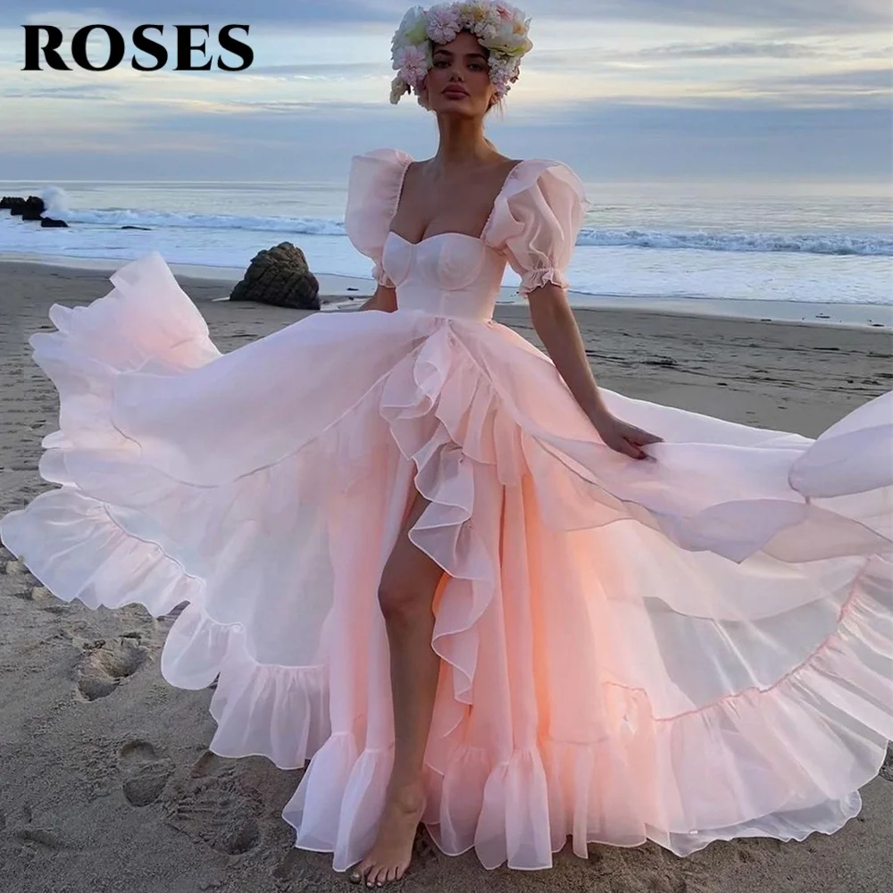 

ROSES Pink Sexy Prom Dress Sweetheart Puff Sleeve Prom Gown for Woman Tulle Side Split Ball Gown vestidos de fiesta Customized