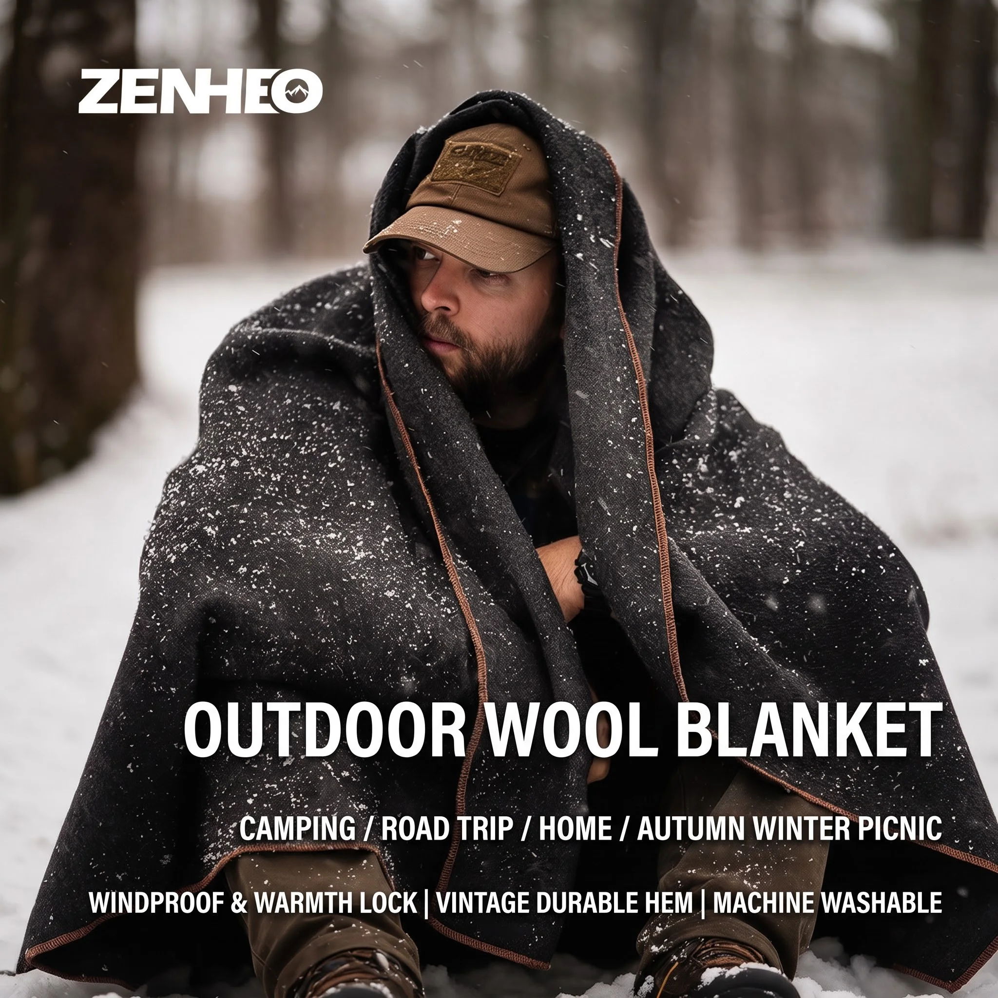 ZENHEO 80% Wool Blend Camping Blanket Thick Warm Outdoor Picnic Travel Throw Merino Fleece Machine Washable 110x160cm 160x220cm