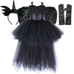 Dark Witch Halloween Costumes for Girls Black Devil Angel Fancy Trailing Dress with Feather Wings Bat Horns Kids High Low Outfit
