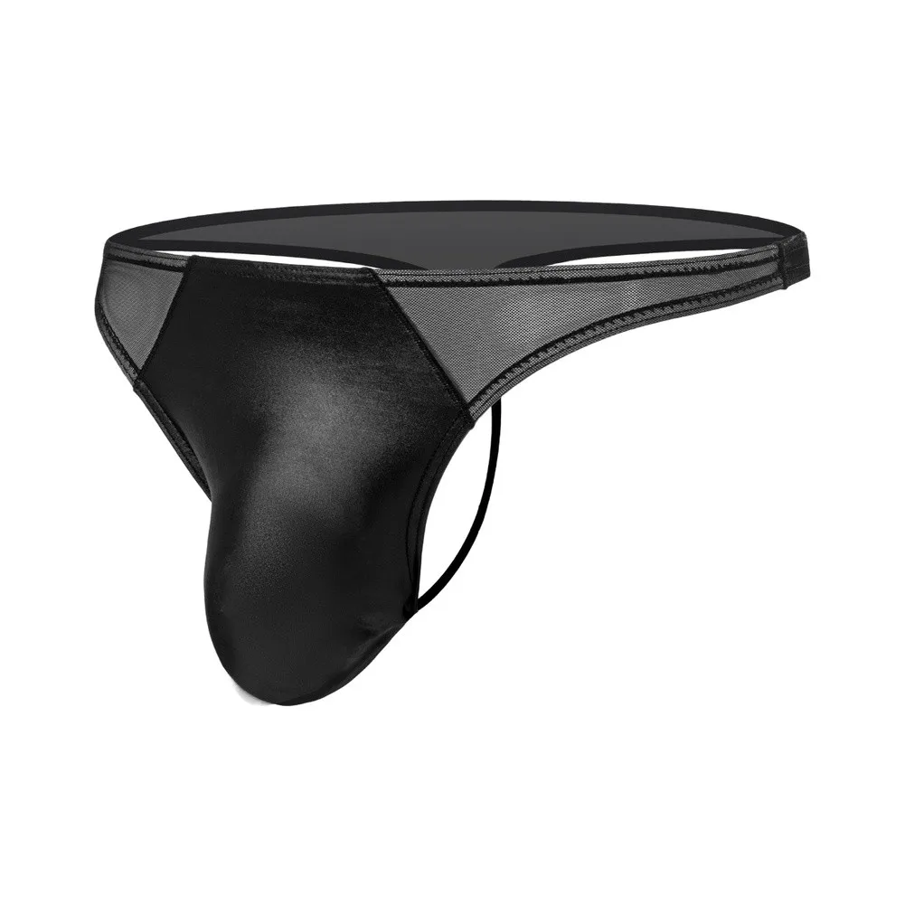 Men's Silky Smooth Leather Splicing Mesh Pouch Underwear Low Waist G-String Briefs Solid Color Daily Wear M-2XL
