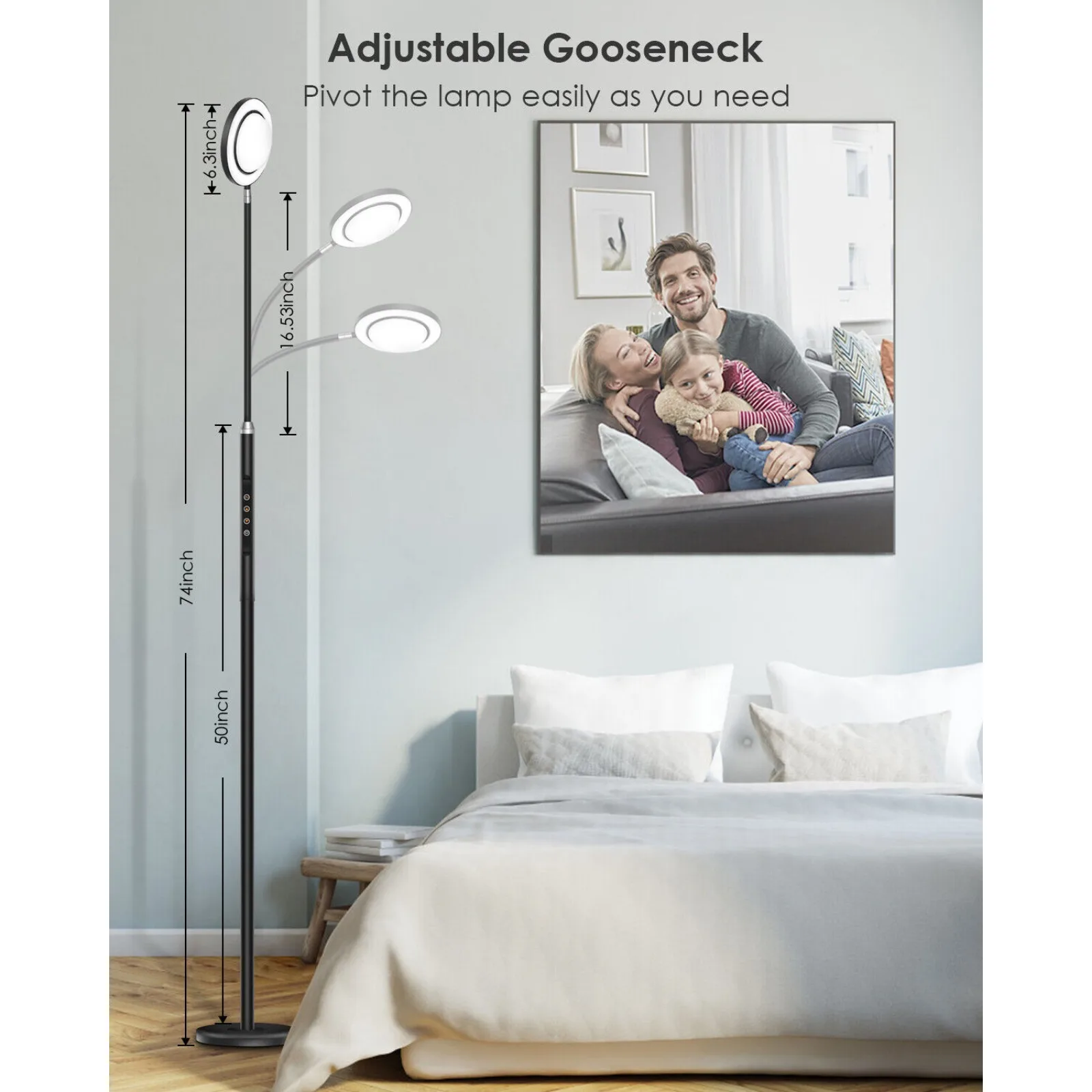 Standing LED Floor Light com controle remoto, Gooseneck, 4 temperaturas de cor, EUA, 2400LM