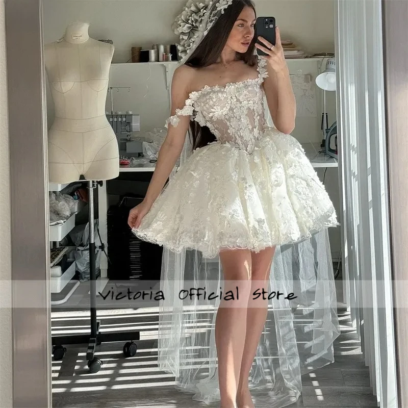 

Boho Flower Lace Mini Ball Gown Prom Dresses Flower Straps Evening Dress Customized Short Wedding Dress Vestidos De Fiesta