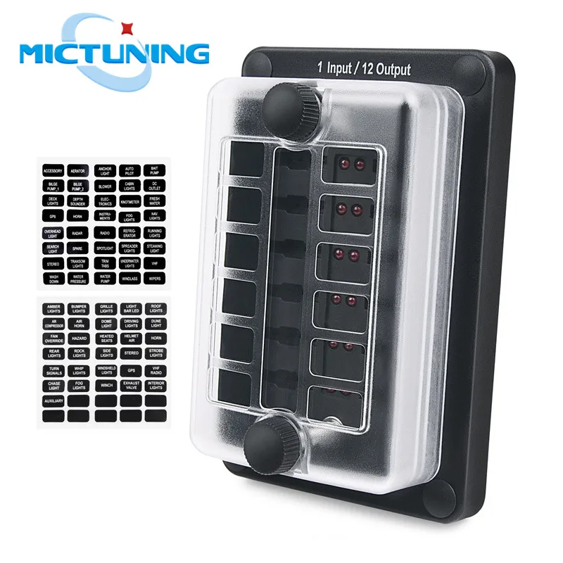 MICTUNING 12-Way Fuse Block Holder (1 Input/12 Output)-12 Circuit Blade Fuse Box with Waterproof Protection Cover Sticker Labels