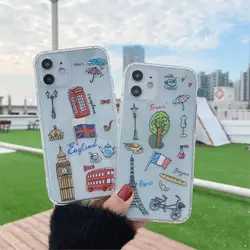 Cute London Paris Eiffel Tower Patterned Phone Case For iphone 15 11 12 Pro Max X XS MAX XR 8 7 plus Soft Clear Shockproof cover