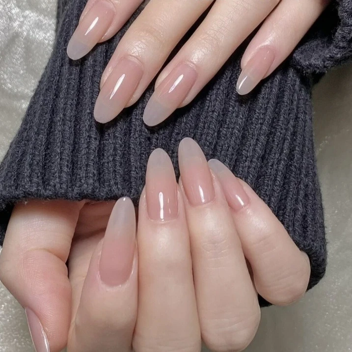 10 pezzi fatti a mano stampa di mandorle sulle unghie medio chiaro di luna rosa unghie Aurora francese semplice unghie finte punta completa sopra unghie finte nude