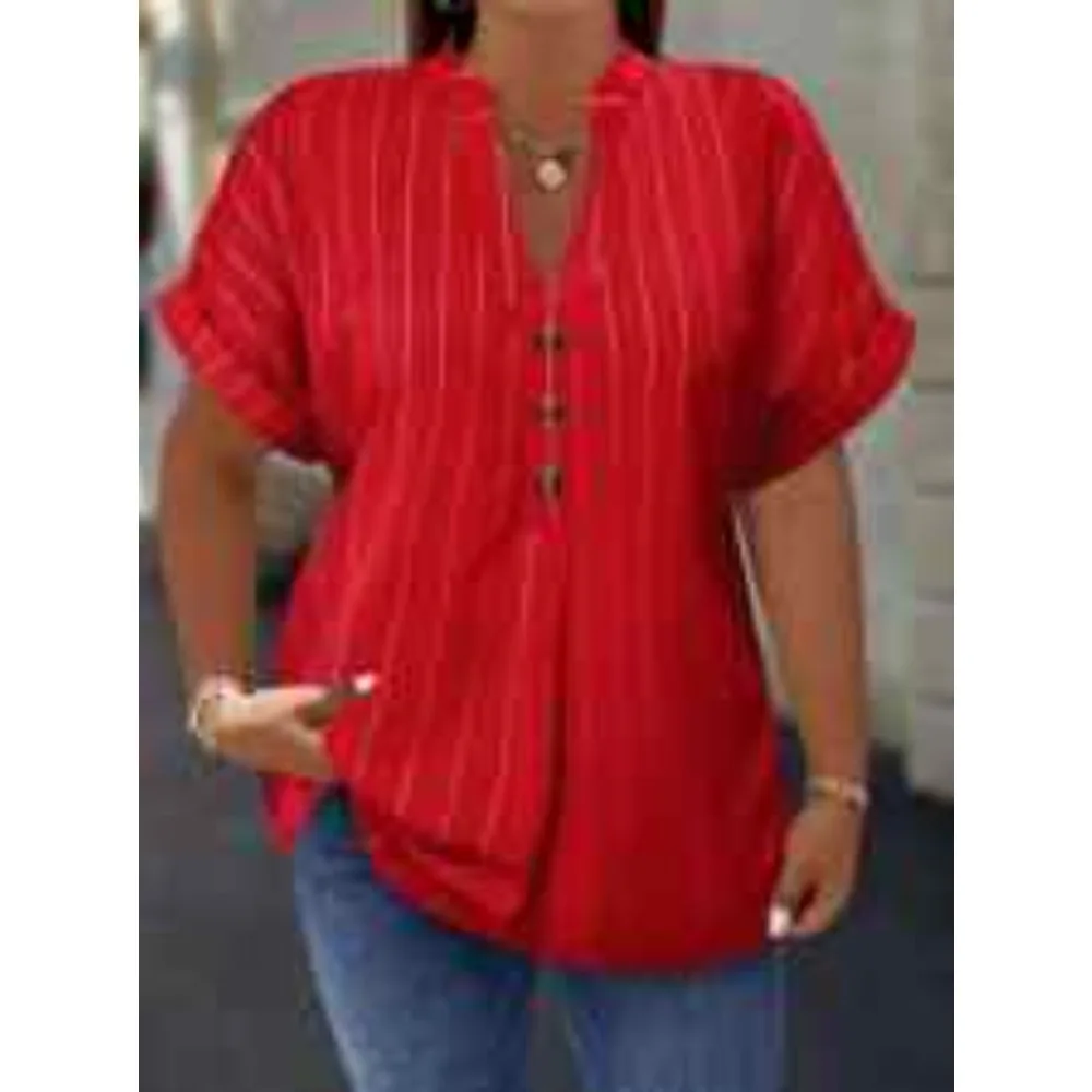Camicia a maniche taglie forti primavera estate Scollo a V Top a pipistrello con bottoni Strisce verticali Abbigliamento intimo autunnale e invernale da donna slim fit