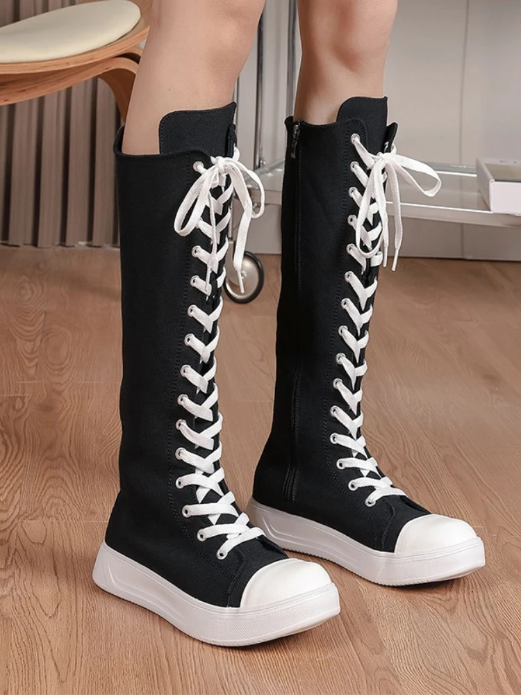 Autumn New Plus Size Women's Shoes High Tube Strap Side Zipper Canvas Shoes Simple Long Tube Knee High Boots Fashionable Trend