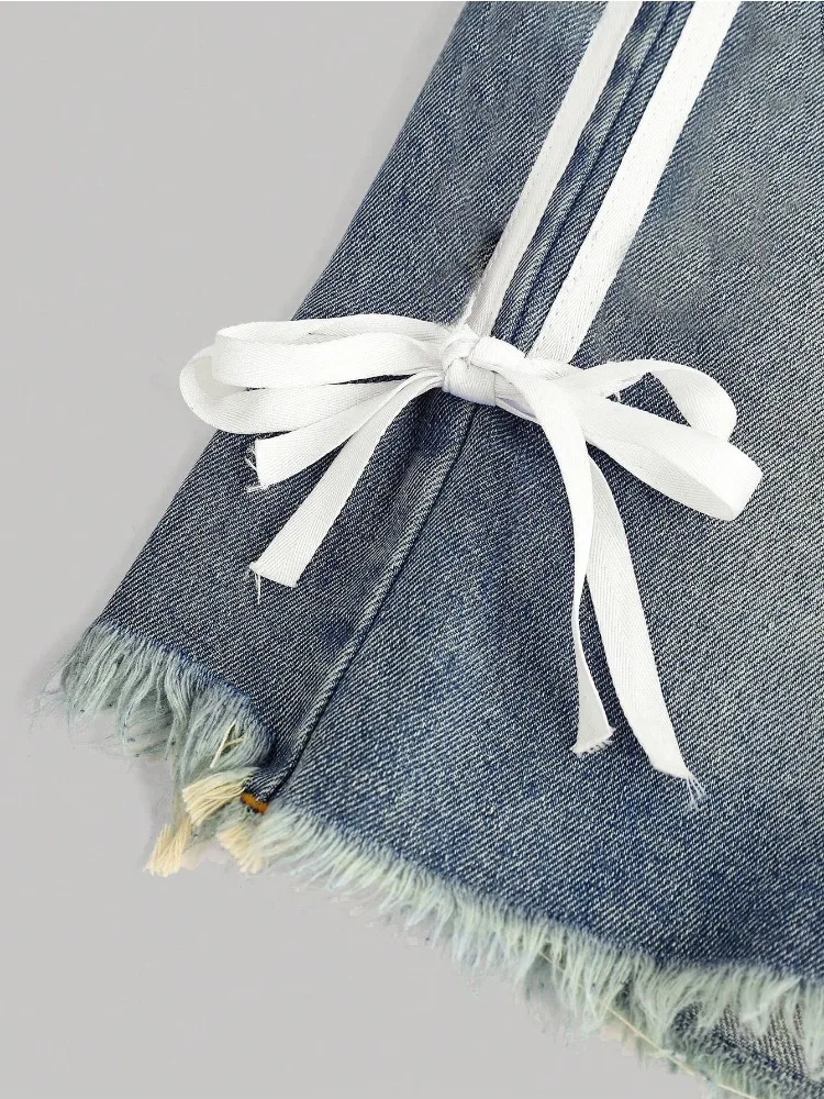 Shorts Bermuda de Mezclilla de Cintura Alta Estilo Y2K para Mujer, con Cordones, Lazo Lateral, Rayas, Holgados, Largos hasta la Rodilla, Estilo Urbano Informal