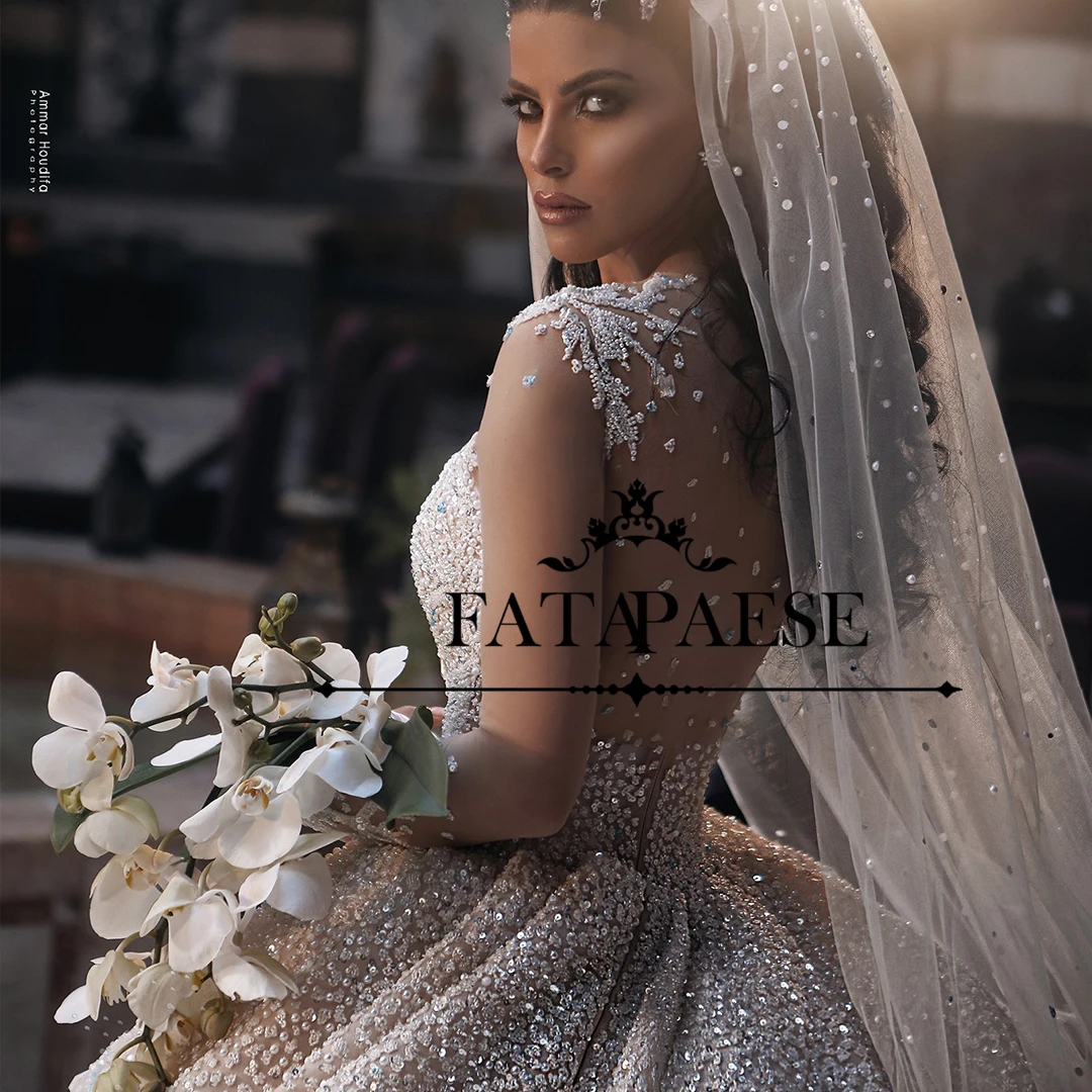 

FATAPAESE Custom Luxury Wedding Dress Illusion-neck Glitter Beaded Pearl Crystals Bodice Sweetheart Bridal Gown Cathedral Tail