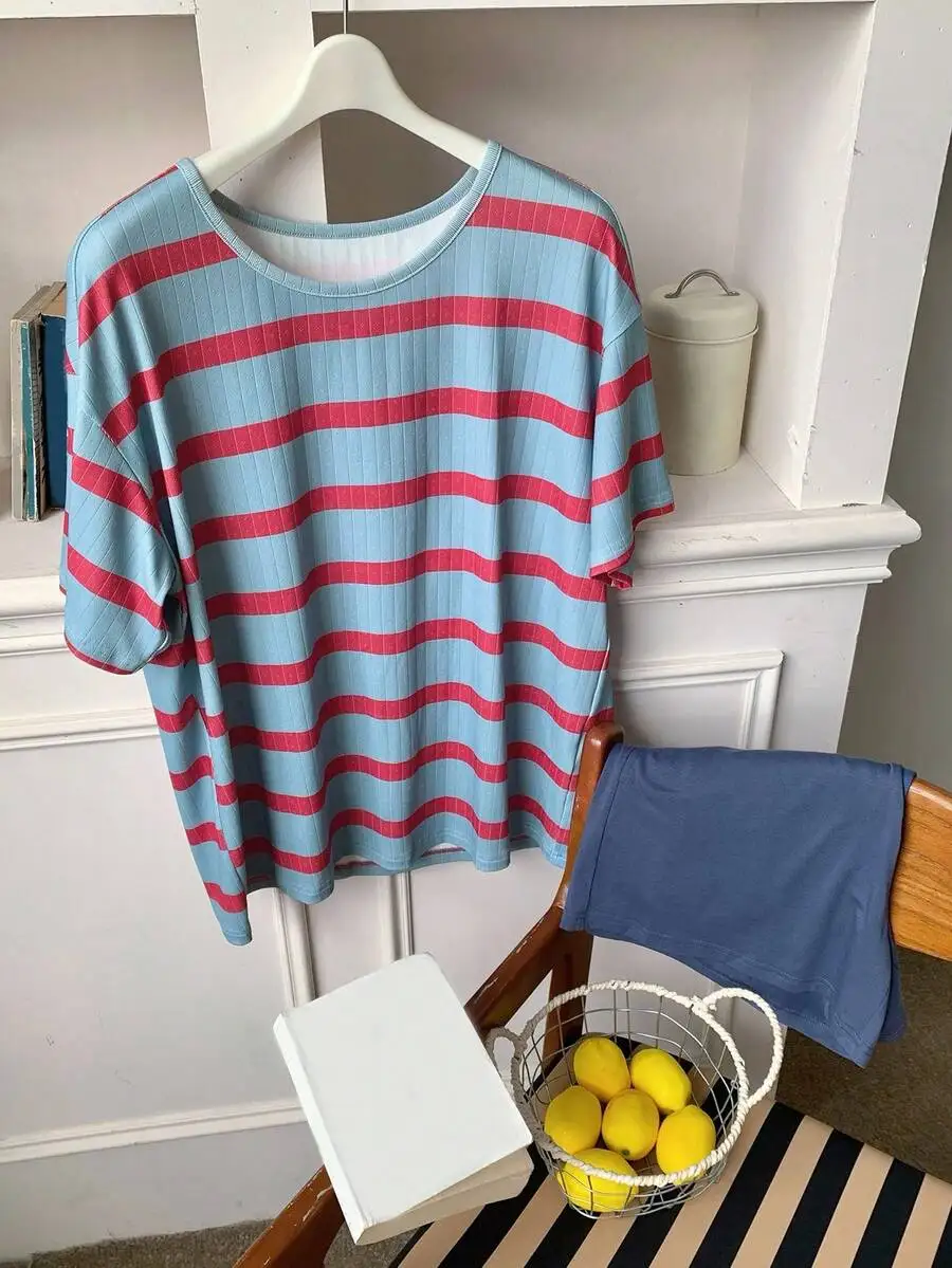 Womens Striped Loose T-Shirt And Plain Shorts Pajama Set Summer