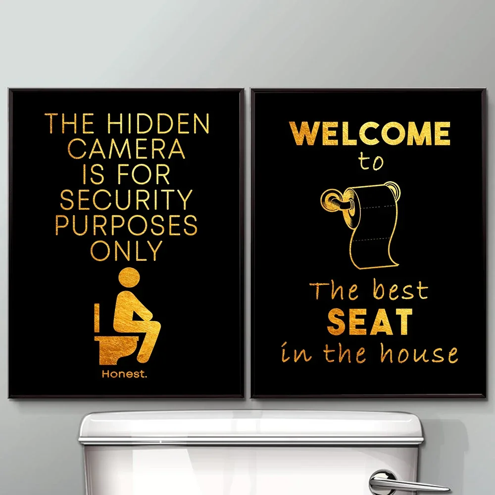 Black Golden Wall Art Canvas Painting Modern Funny Bathroom Rules Sign Poster Prints Toilet Humour Pictures Bathroom Home Decor