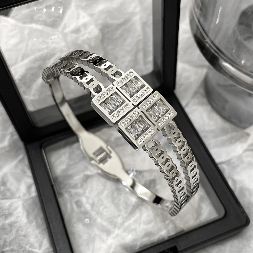 Luxury Square Zircon Stainless Steel Cuff Bracelet Bangle for Women Waterproof Geometric Gold Silver Color Wristband Jewelry