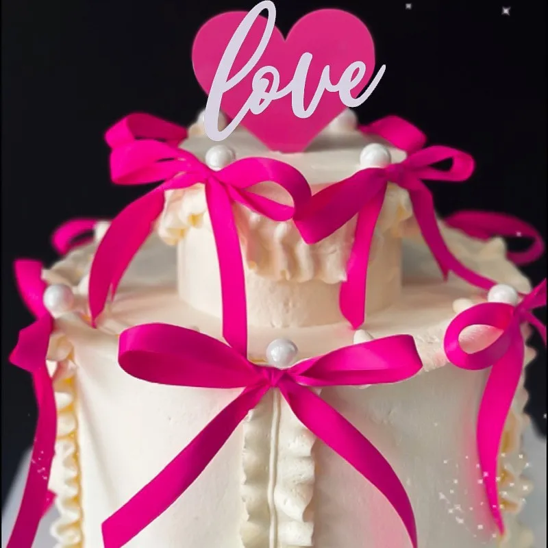 Ballet Ribbon Bow Cake Topper Pink Black Bow Cake Decor Love Couple Cake Topper Wedding Valentine's Day Dessert Decor Girl Favor