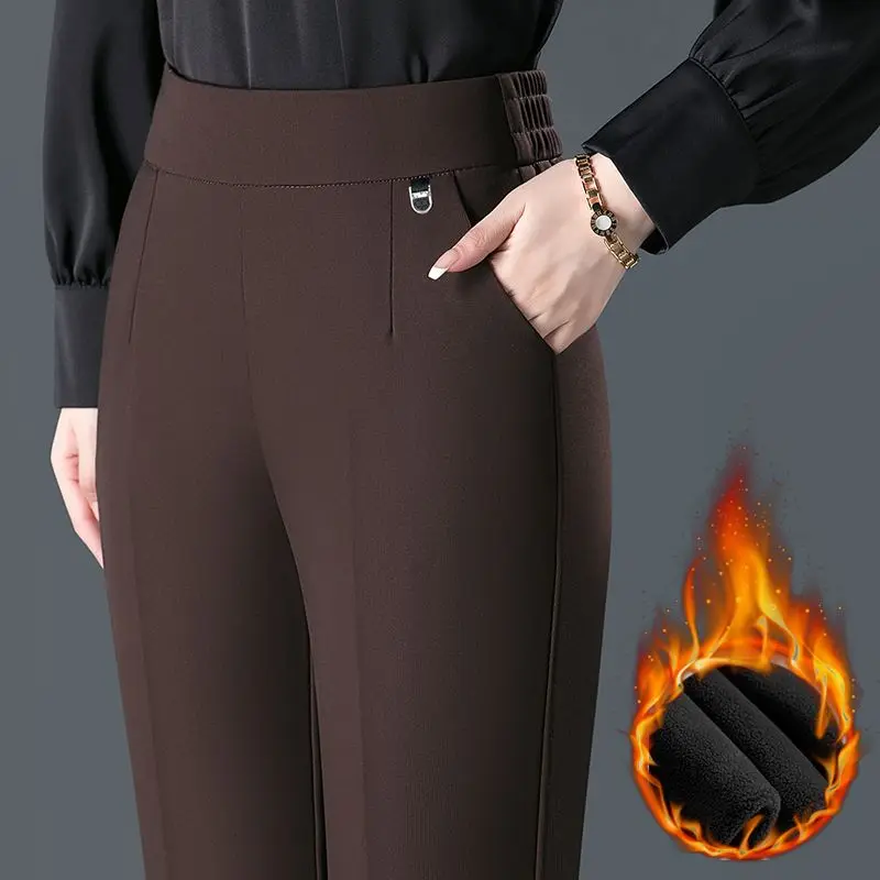 

Темпераментные повседневные бархатные утепленные брюки, новые женские однотонные эластичные модные прямые брюки с высокой талией и карманами XT1561