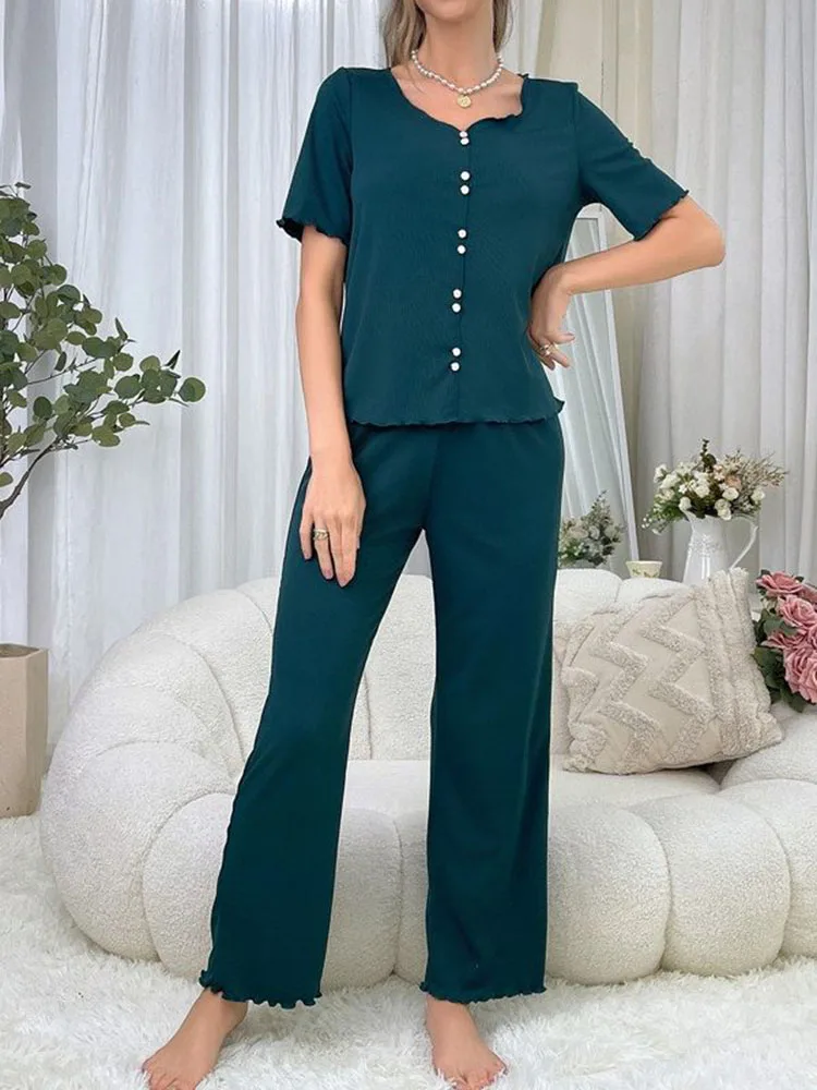 2026 Summer Simple Solid Color Pajama Set Women's Fashion Button Decor Short Sleeve Tops Pants New Casual Female Loungewear
