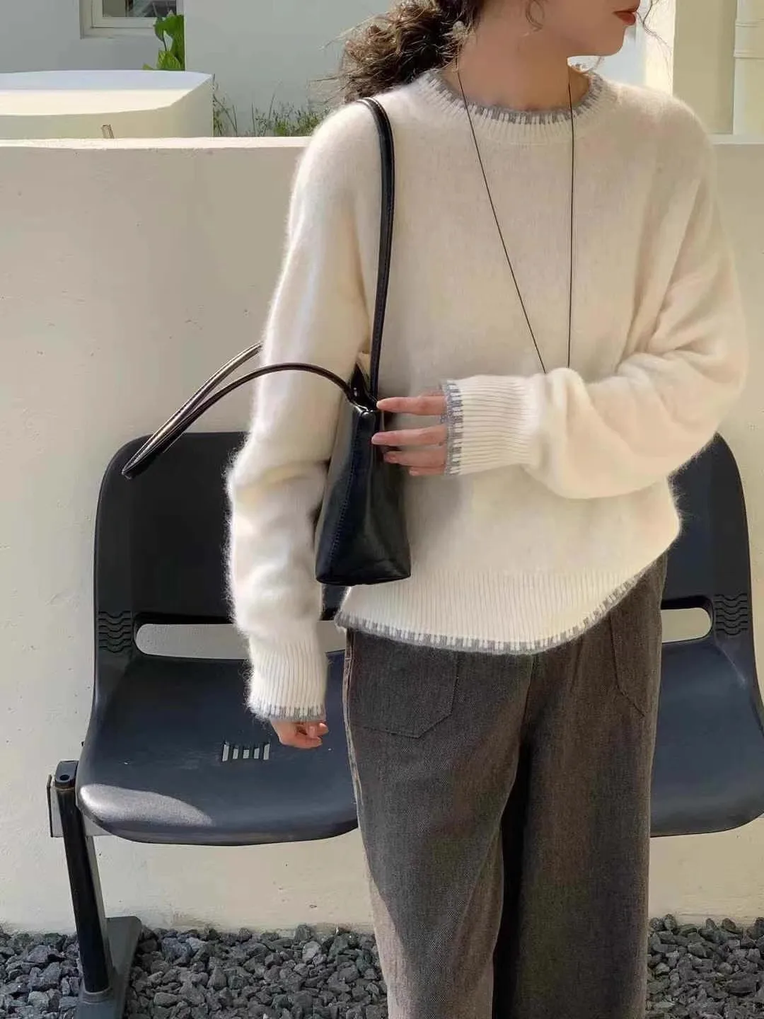 Jersey 100% de lana merina con cuello redondo, suéter de cachemira tejido informal de estilo básico para otoño e invierno