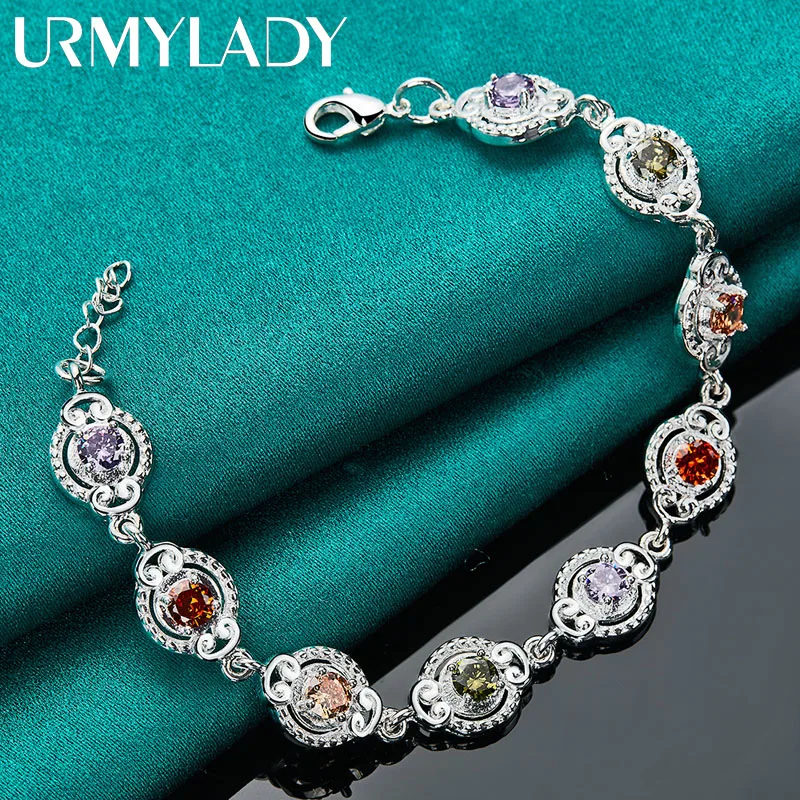 

URMYLADY 925 Sterling Silver Charm Purple Orange Red Green Zircon Chain Bracelet For Women Wedding Engagement Fashion Jewelry